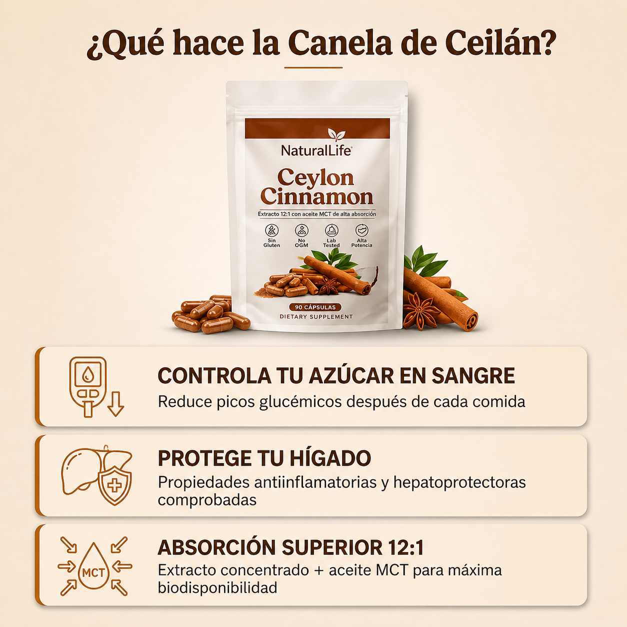 Ceylon Cinnamon 7200mg + MCT – Control Natural del Azúcar en Sangre | NaturaLife