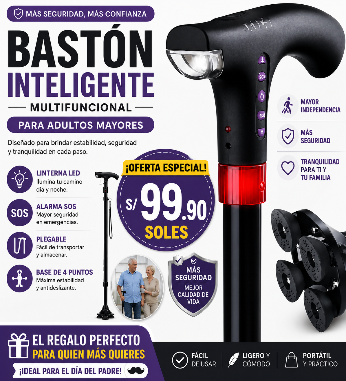 Bastón Inteligente Multifuncional para Adultos Mayores