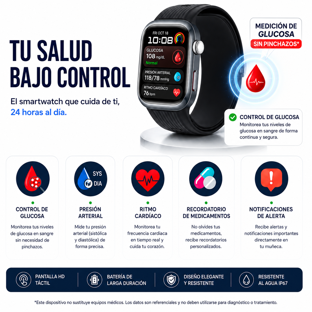 Smart Gluco Watch ⌚️: Controla Glucosa, Ritmo Cardíaco y Presión Arterial